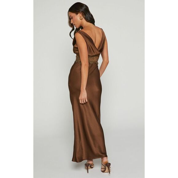 ✨JULIET MIDI DRESS - V NECK LACE INSERT SATIN SLIP SZ 6 DRESS IN CHOCOLATE✨ - Picture 6 of 13